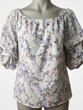 CeCe 100% Cotton Eyelet Lace Blouse with Dramatic Ruffle Tiered Sleeves size L